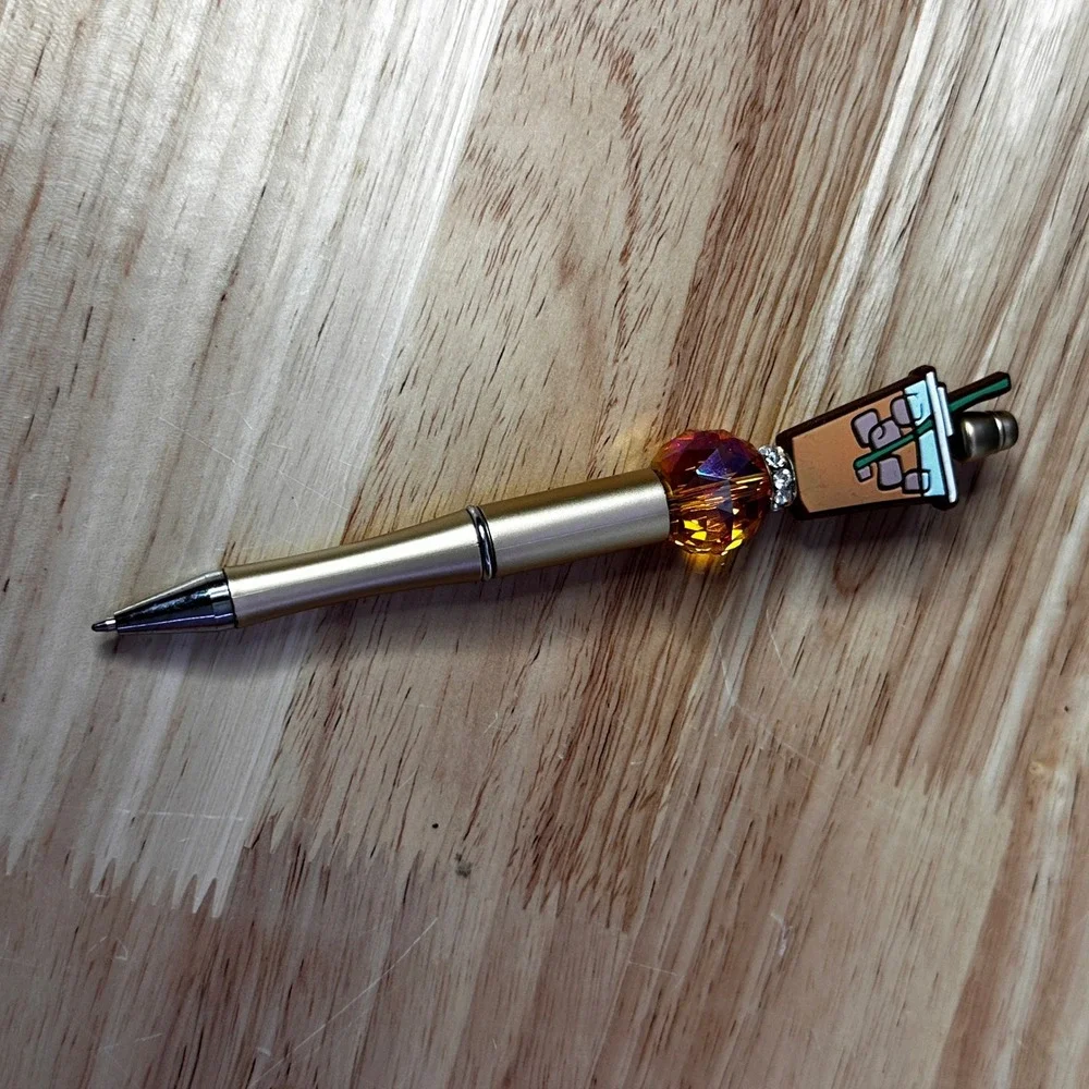Iced Coffee Beaded Pen Champagne Gold Metal Ballpoint Amber Crystal Accent